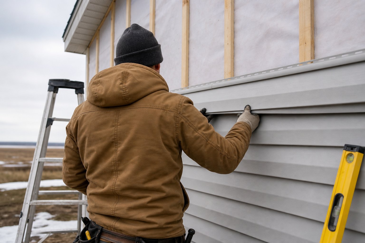 Siding installer fastening a course of vinyl siding on a Winnipeg home