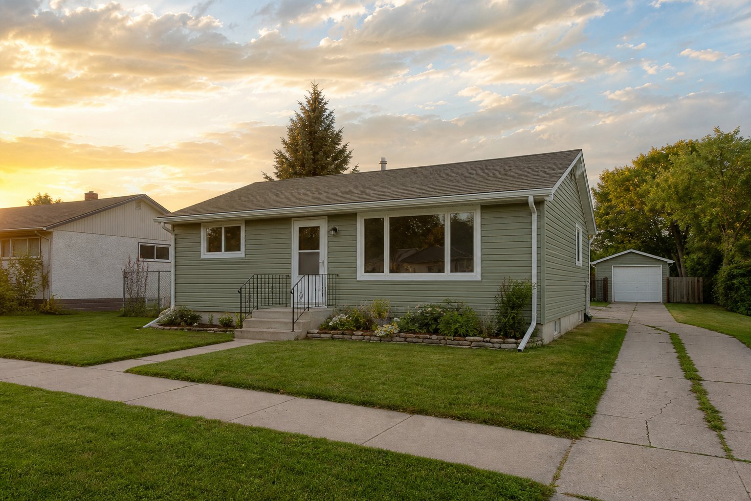 Fresh horizontal siding on a Winnipeg bungalow in evening light